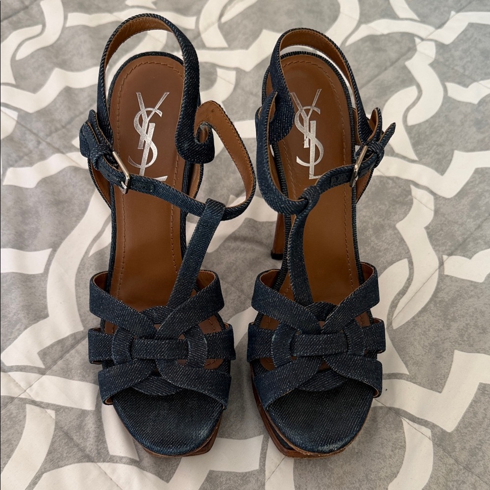 Yves Saint Laurent Dark Denim Woven Strap Heels